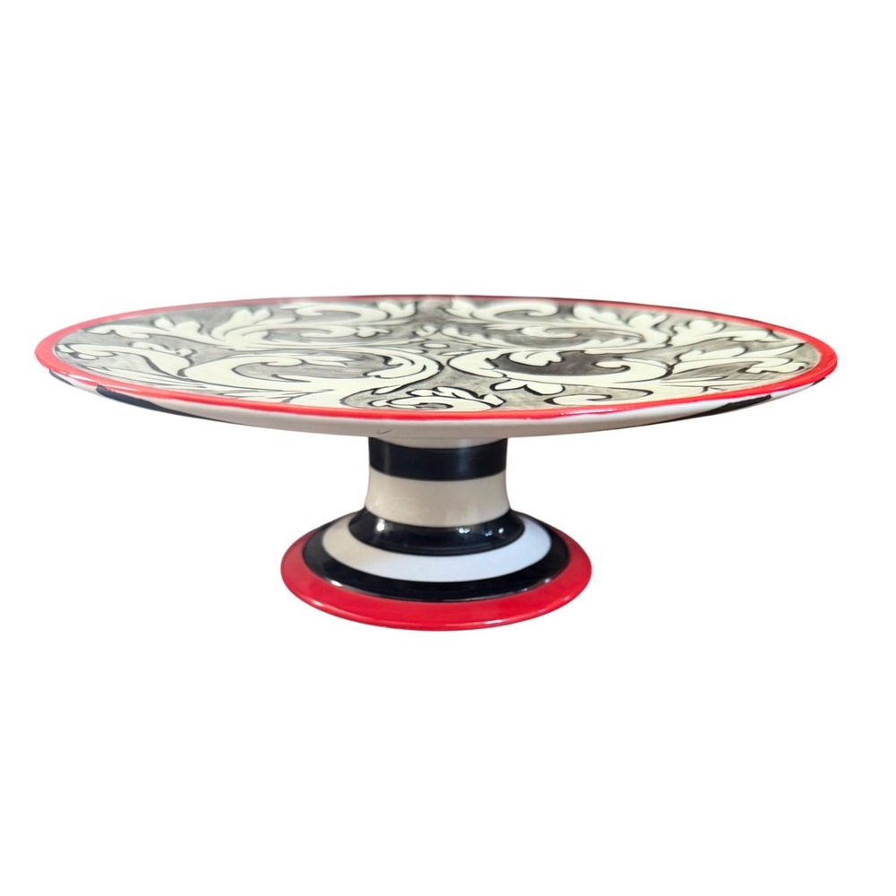 Anthropologie Molly‎ Hatch Felicitations Cake Dessert Stand Red Black Ceramic
